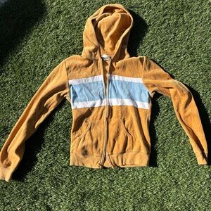 Y2K Mustard Yellow Hooded Zip Sweatshirt with Blue & White Stripe